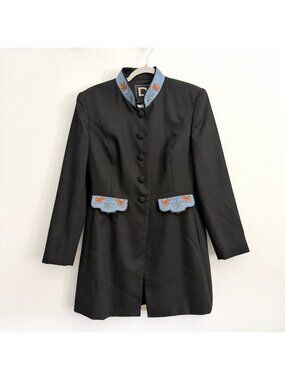 D by Double D Ranch Black Wool Blend Duster Jacket Floral Embroidery Women’s 8